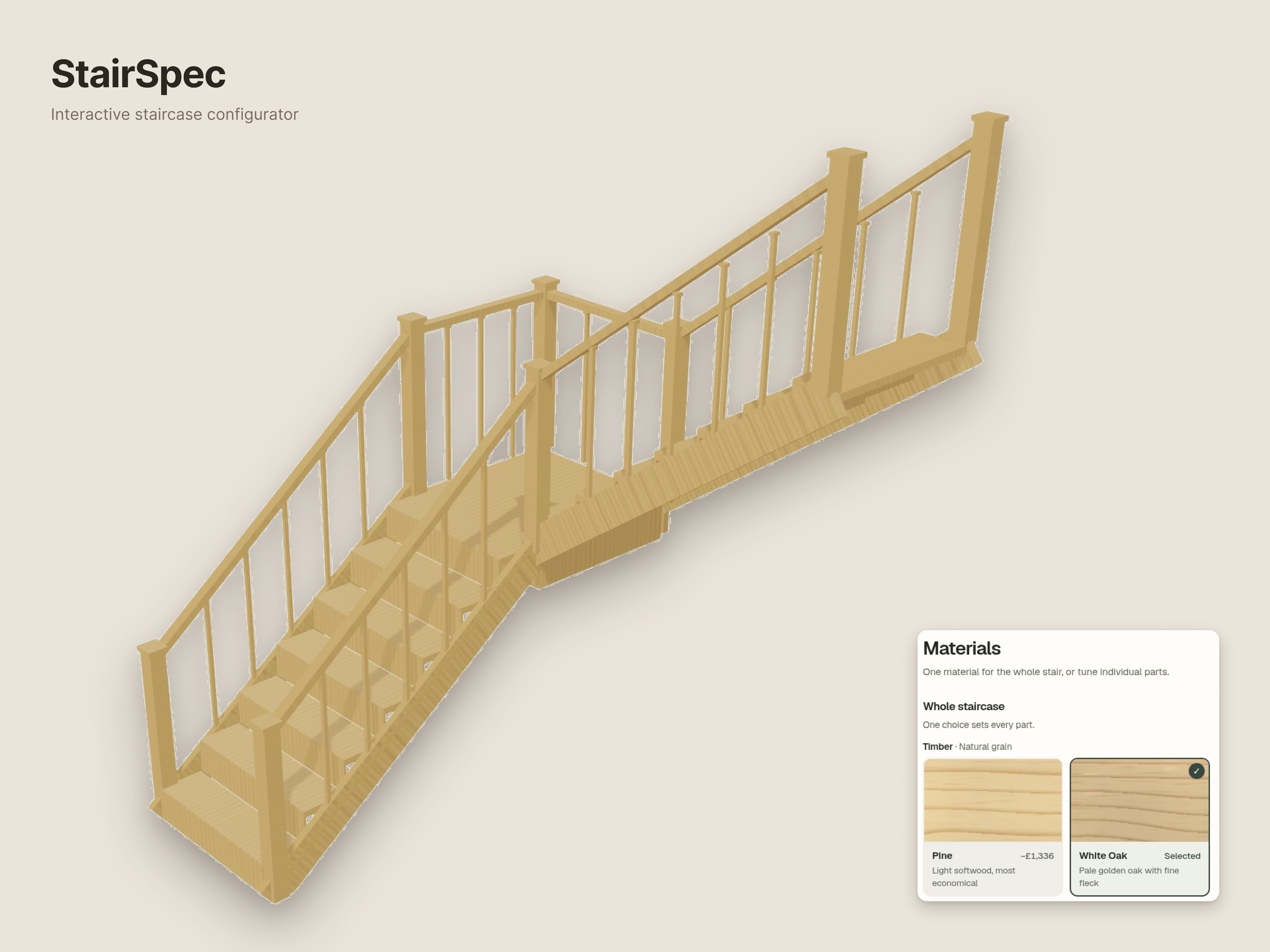 StairSpec staircase configurator showing a Chelsea half-turn staircase rendered in 3D with timber treads and a left-hand turn, beside the specification panel and a passing UK Building Regulations Part K check at a live price of £8,490 including VAT